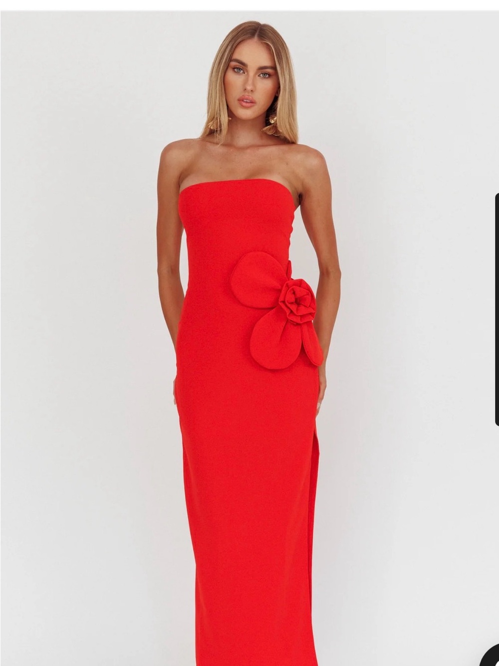 Red Evening Gown with Floral Accent